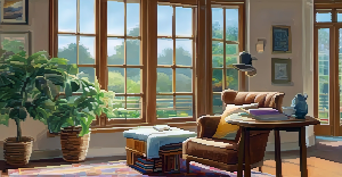 A cozy journaling space with an armchair, table, and soft lighting, featuring a journal and colorful pens.