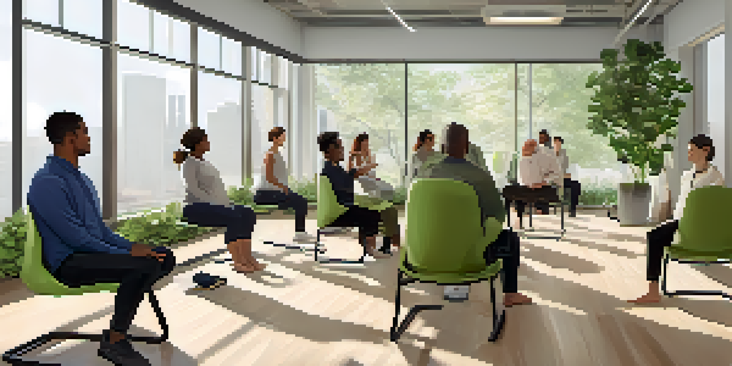 A diverse group of employees practicing chair yoga in a bright office with large windows and green plants.
