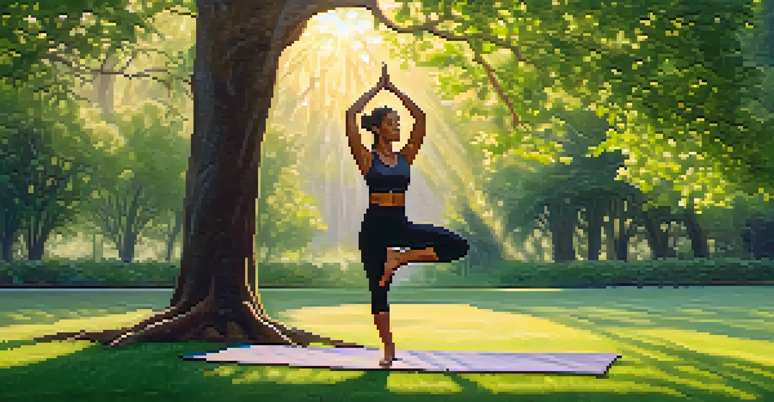 A person practicing yoga outdoors in a park during sunset, surrounded by flowers and trees.