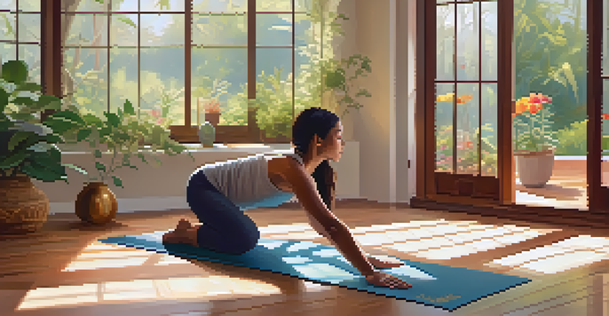 A person in Child's Pose practicing yoga in a bright studio with large windows overlooking a green garden.