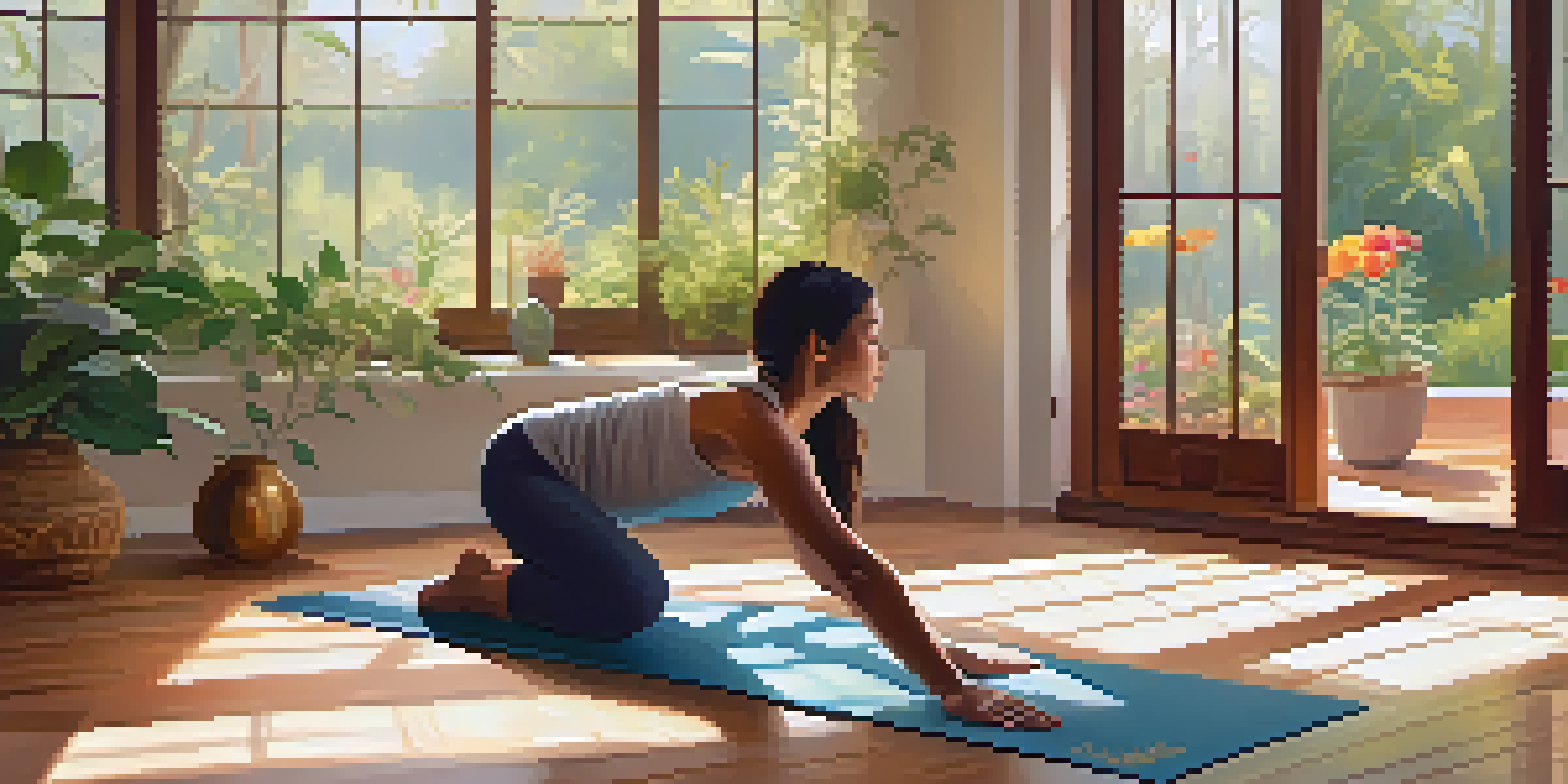 A person in Child's Pose practicing yoga in a bright studio with large windows overlooking a green garden.