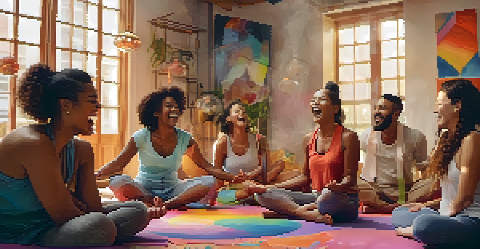 A close-up of joyful individuals laughing together in a laughter yoga class, with colorful yoga mats and props around them.