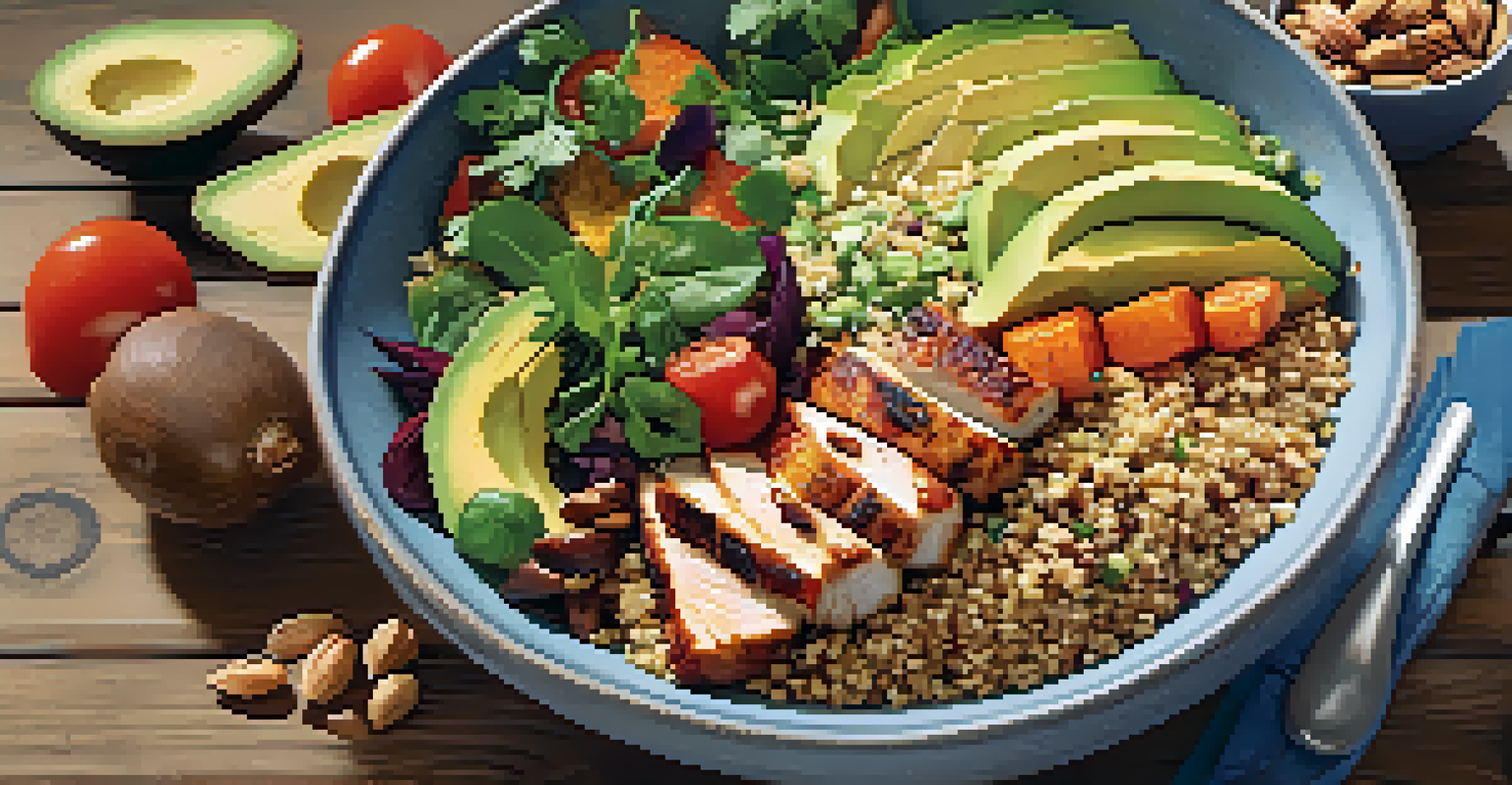 A colorful bowl of quinoa with roasted vegetables, grilled chicken, and avocado on a wooden table.