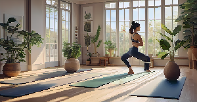 A peaceful yoga studio with sunlight, plants, and a person practicing Hatha Yoga in a graceful pose.