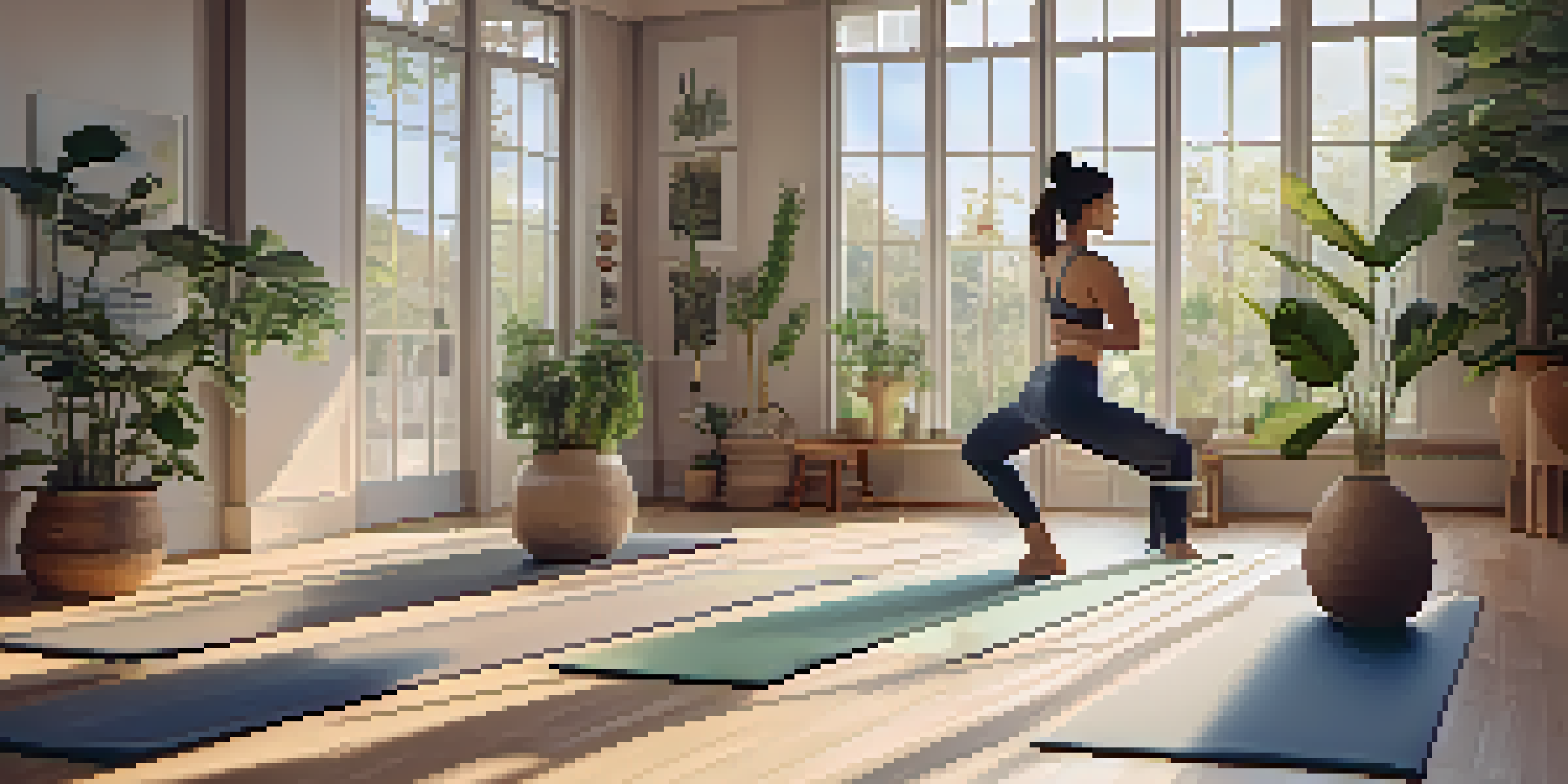 A peaceful yoga studio with sunlight, plants, and a person practicing Hatha Yoga in a graceful pose.