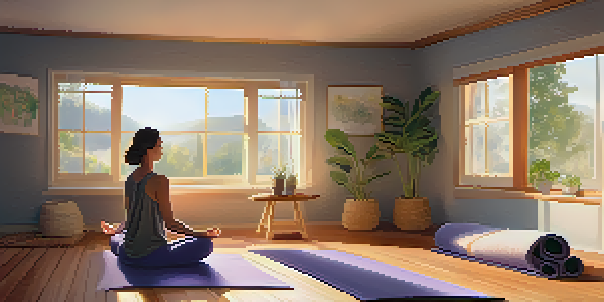A peaceful home yoga space with a person practicing restorative yoga, surrounded by props, illuminated by soft sunlight.