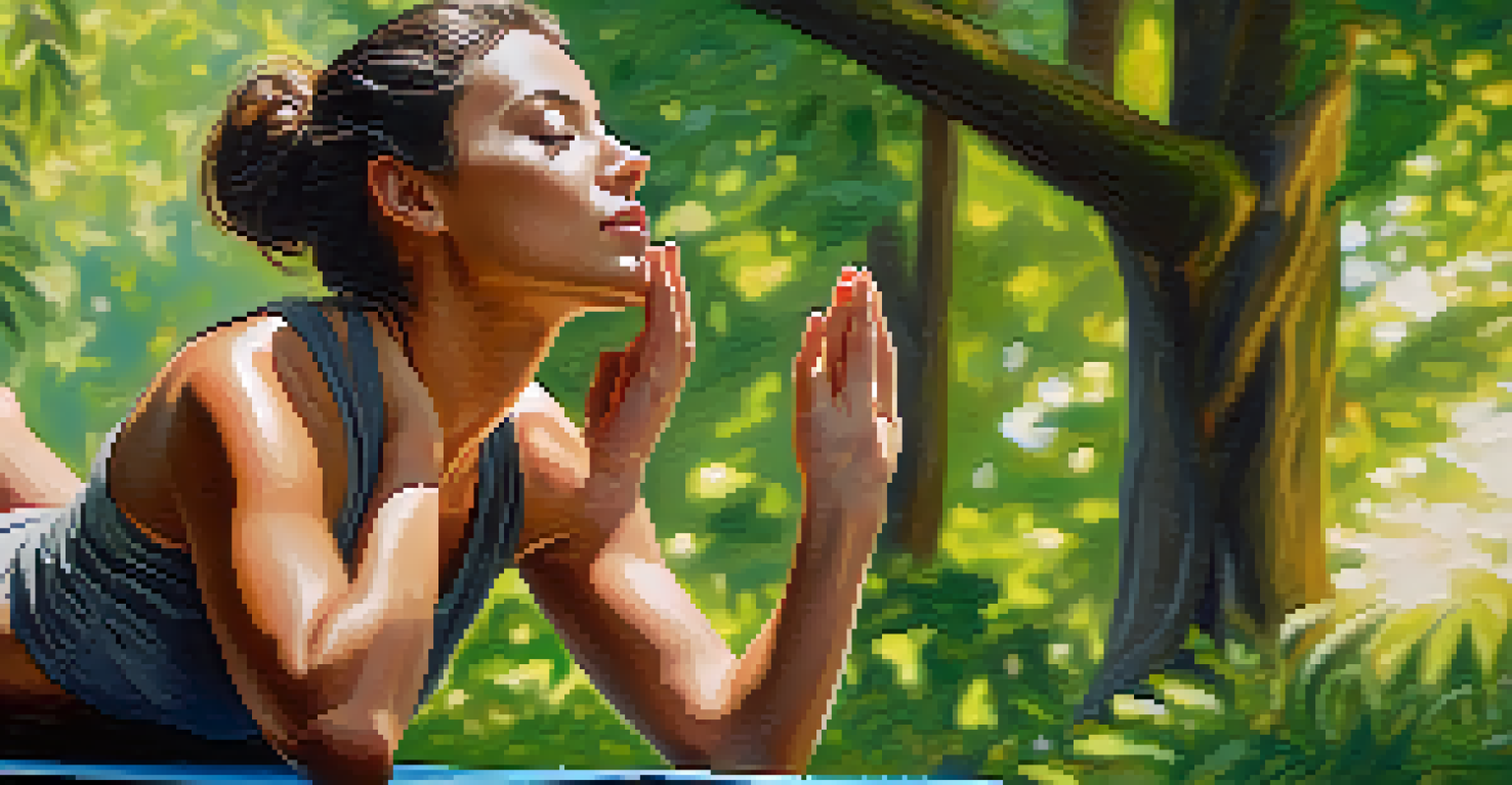 A person practicing alternate nostril breathing outdoors in a lush green setting.