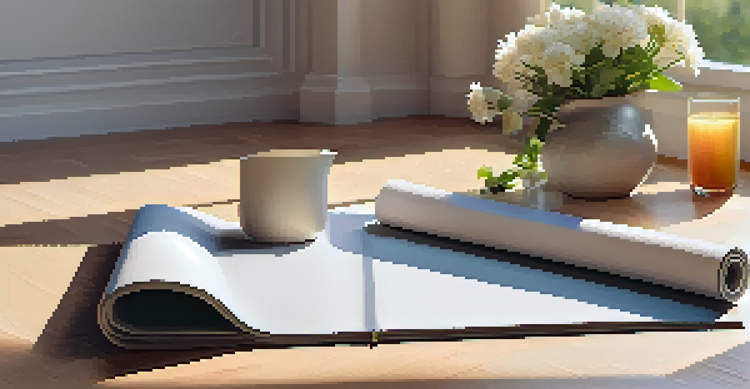 A yoga mat in a sunlit room surrounded by flowers, a journal, and a cup of herbal tea, depicting a peaceful morning routine.