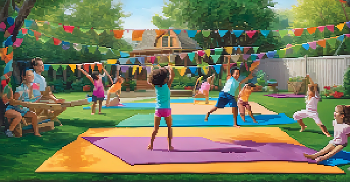 A family navigating a fun yoga obstacle course in their backyard, filled with colorful mats and laughter.