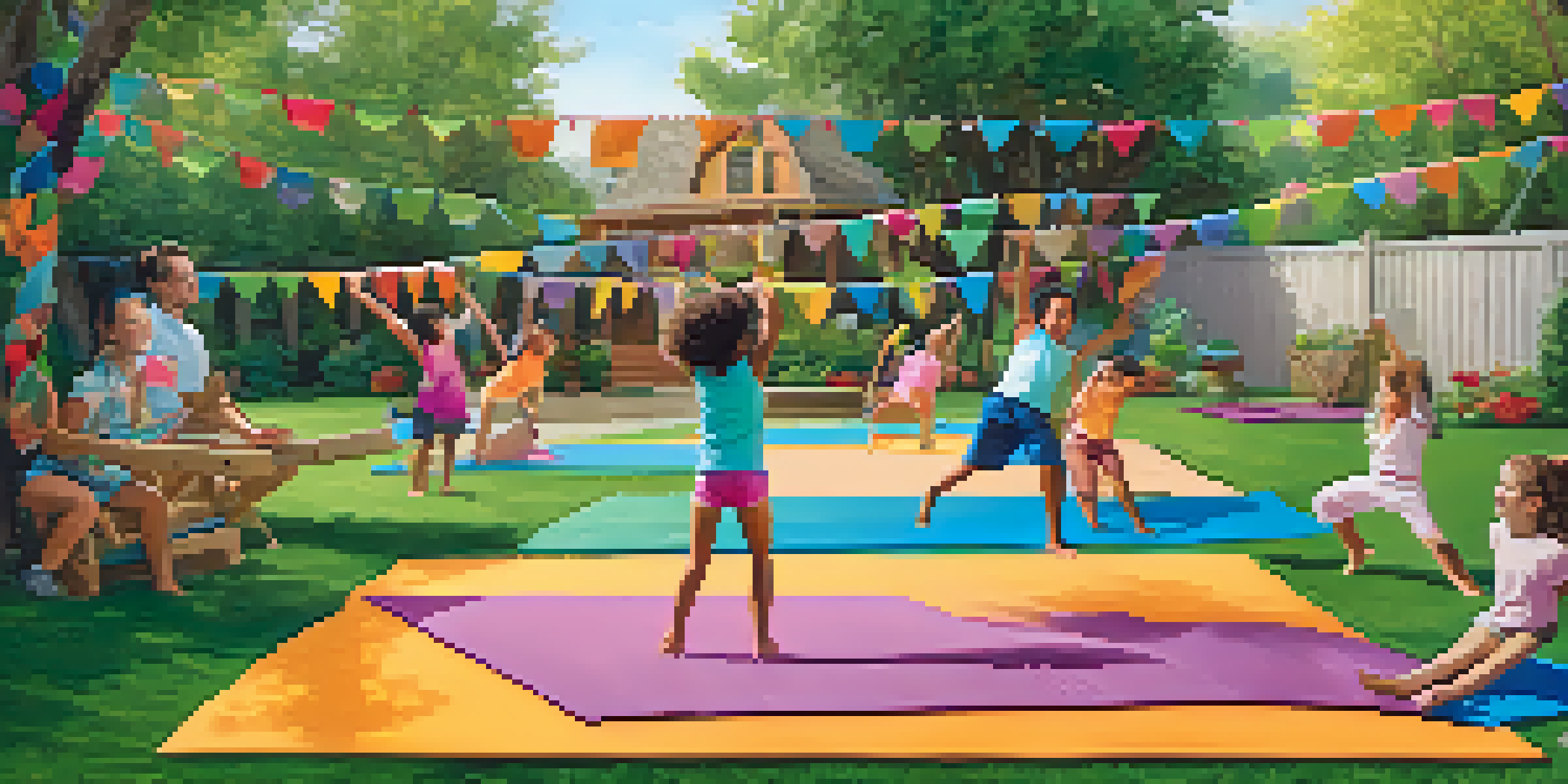 A family navigating a fun yoga obstacle course in their backyard, filled with colorful mats and laughter.