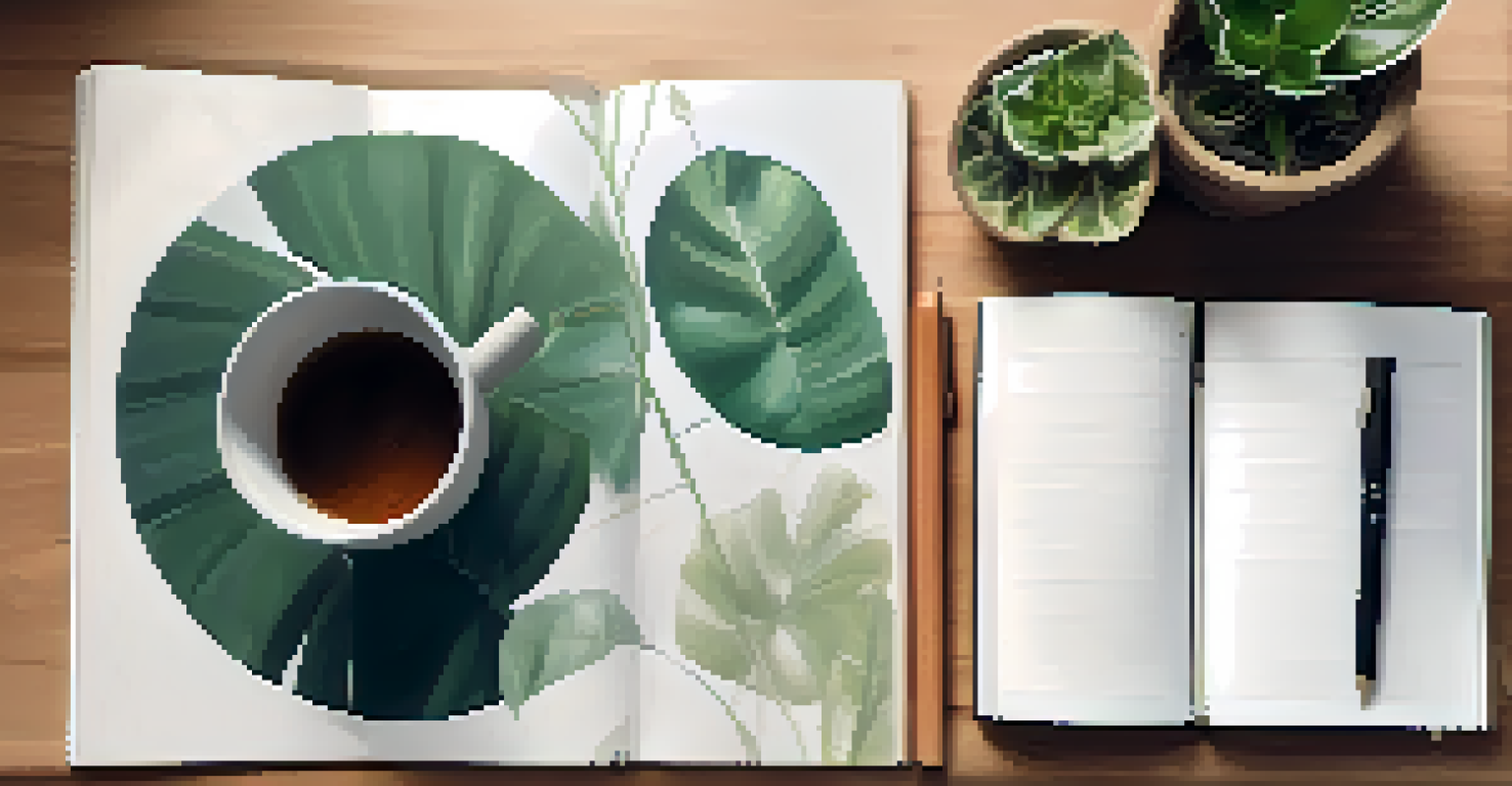 An overhead view of a yoga mat with a water bottle and journal, surrounded by plants.