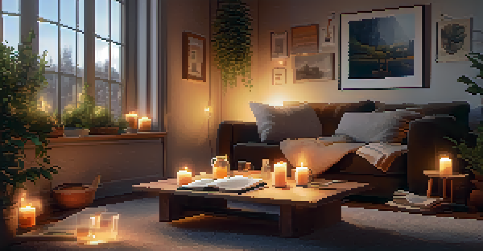 A person relaxing in a cozy living room corner, writing in an open journal with candles and a cup of tea nearby.