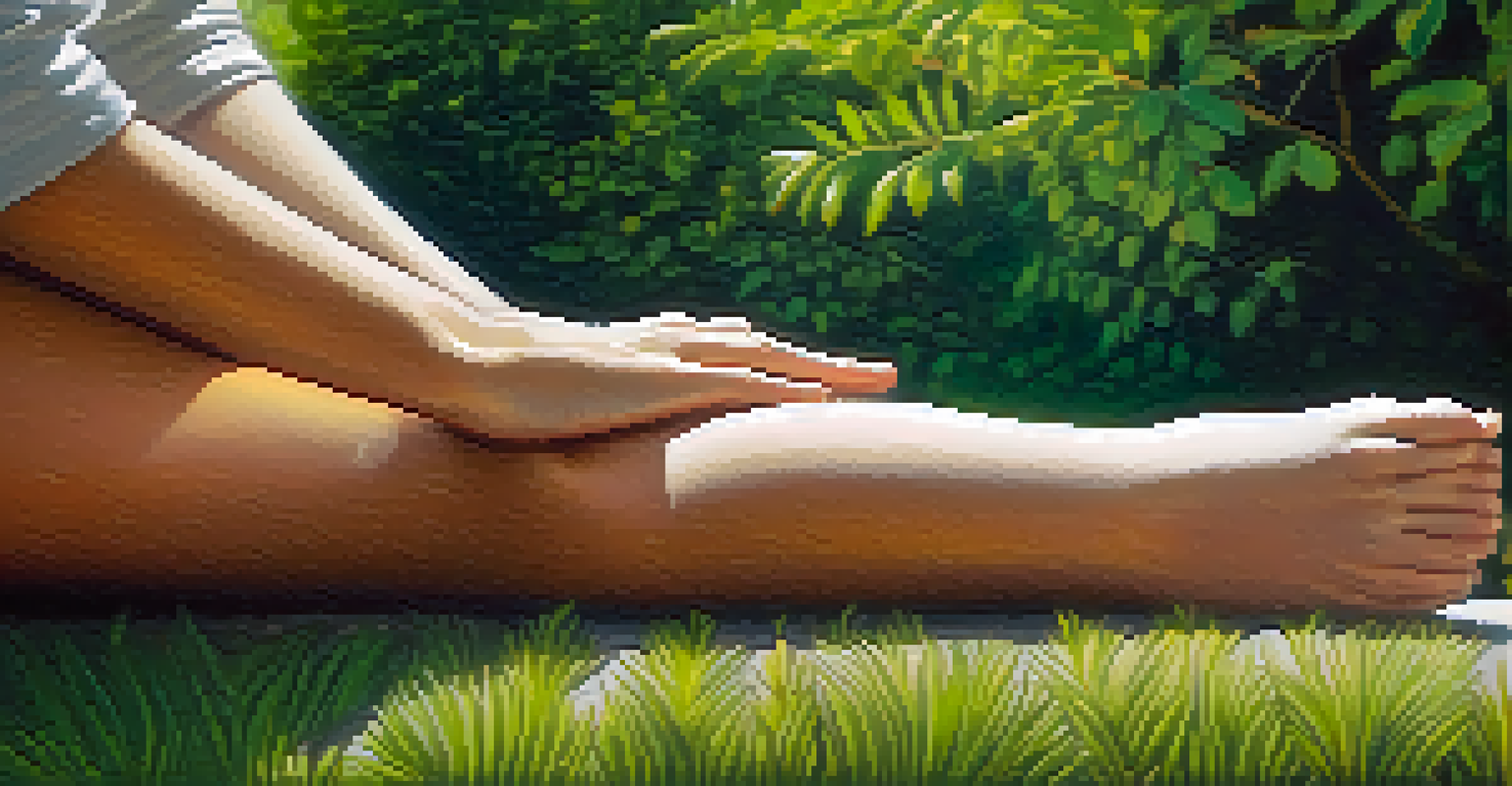 Close-up of a person's hand on their heart in a meditative pose outdoors, surrounded by greenery.