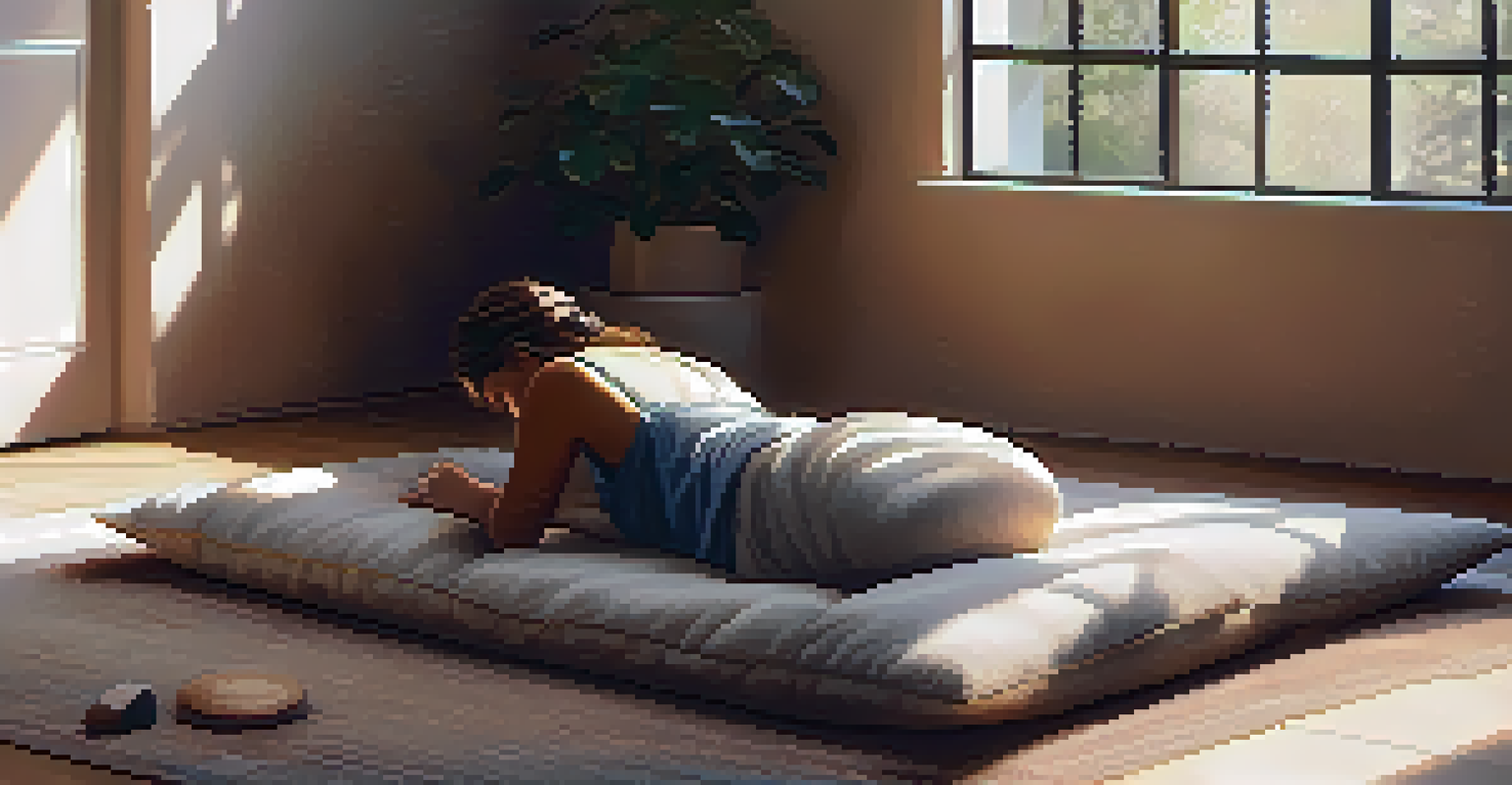 A person in Child's Pose using a bolster, in a cozy and calming room with soft ambient light.