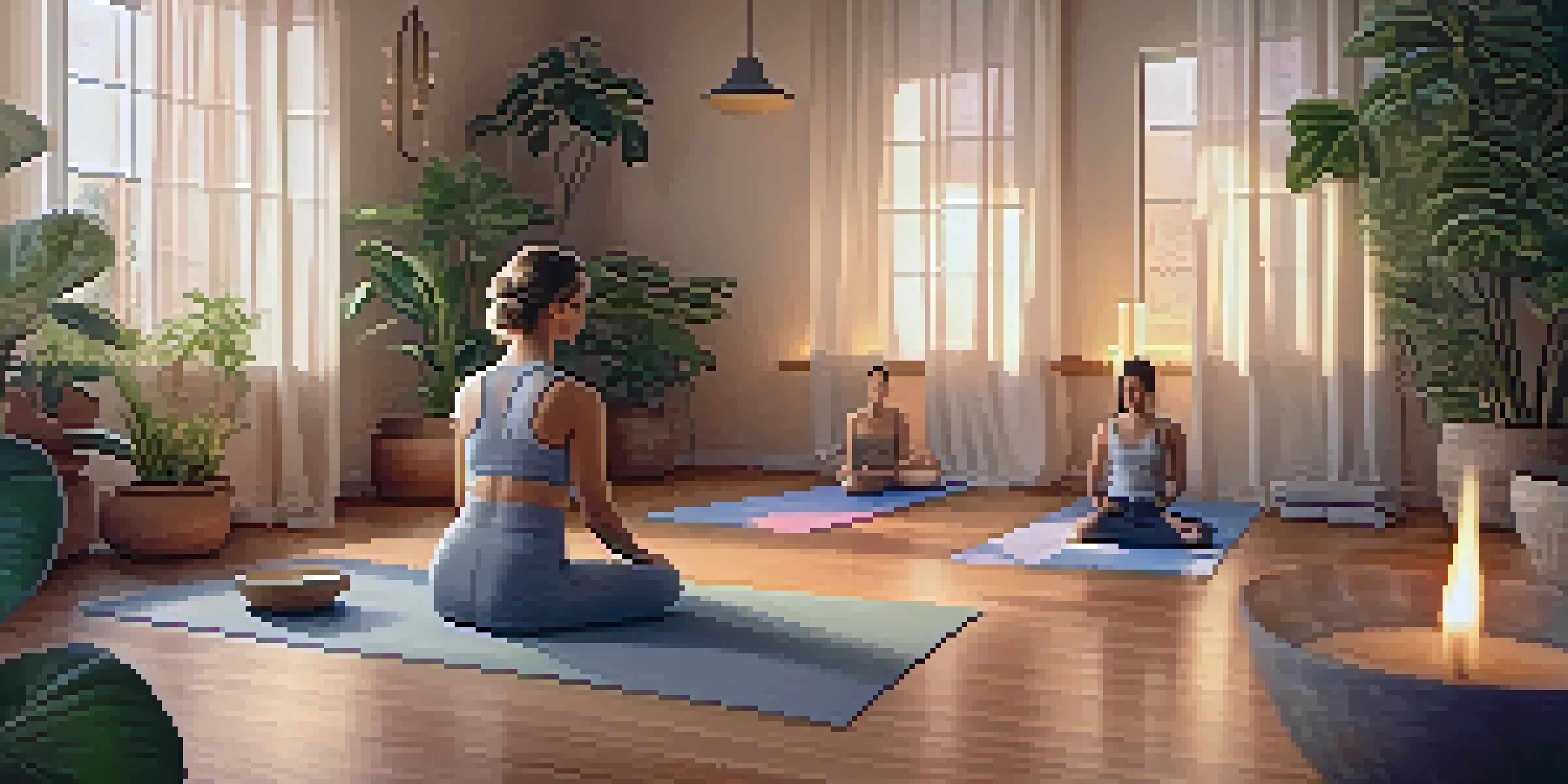 A tranquil yoga studio with a person in a meditative pose, surrounded by singing bowls and candles.