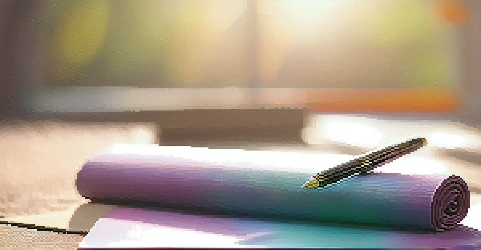 A yoga mat with a journal and pen, representing goal-setting for team yoga sessions, with a calming background.