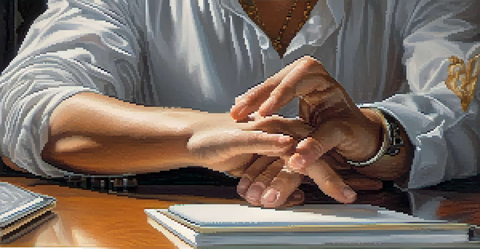 Close-up of hands doing a wrist and finger stretch, highlighting the fingers and wrists with a blurred office background.