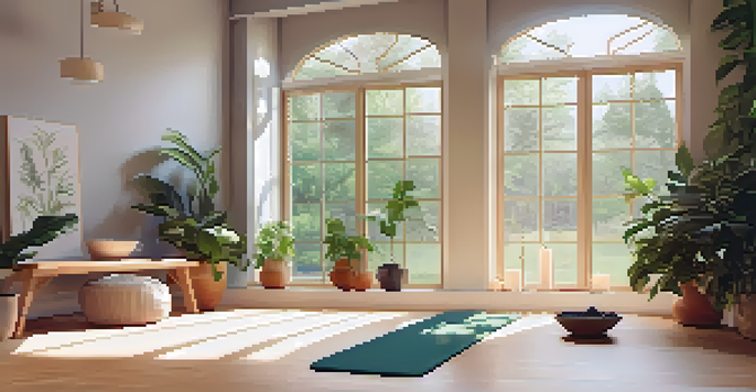 A peaceful yoga space with a soft mat, plants, and a lit candle, illuminated by natural light.