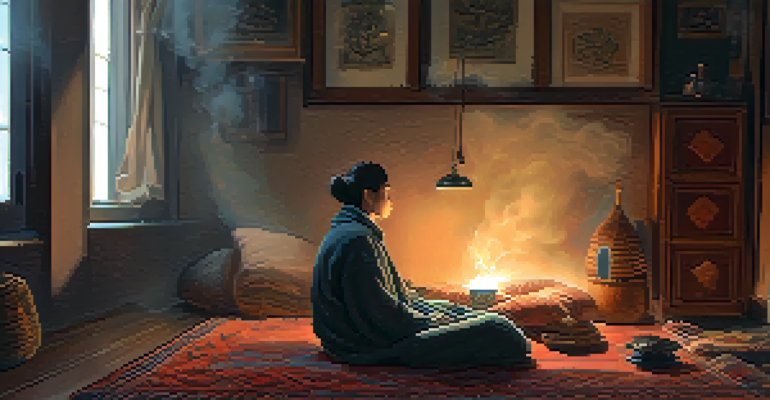 An individual practicing alternate nostril breathing in a cozy indoor setting, surrounded by cushions and soft lighting.