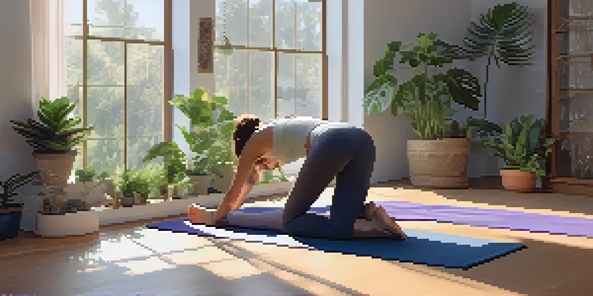 A person practicing Child's Pose in a tranquil yoga studio filled with natural light and plants.