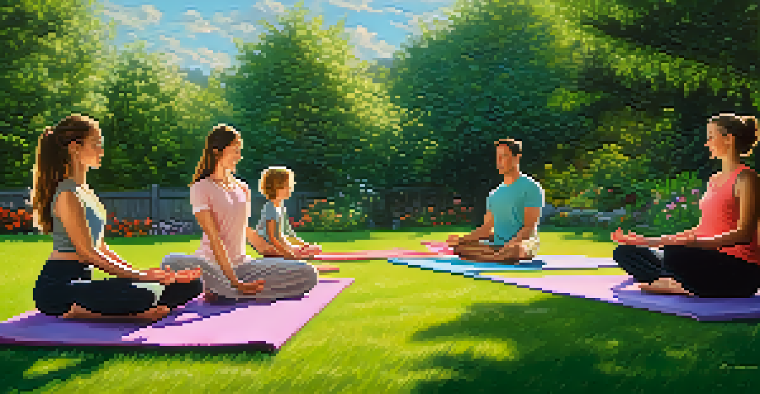 A family practicing yoga in a sunny backyard, surrounded by greenery and flowers, enjoying playful poses on colorful mats.