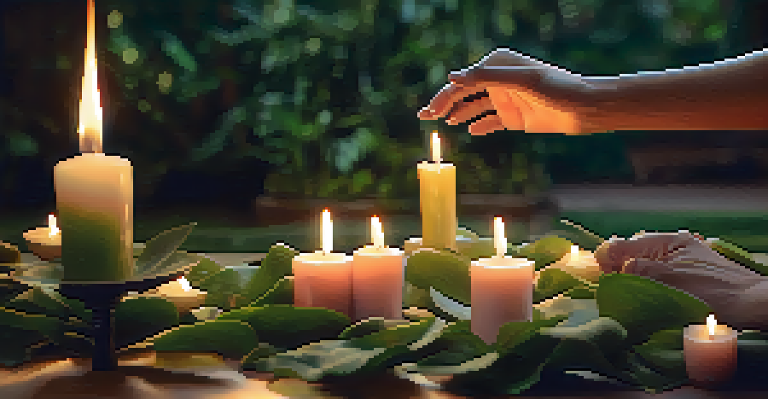 Close-up of hands in a meditative gesture with candles and incense in a serene garden setting.