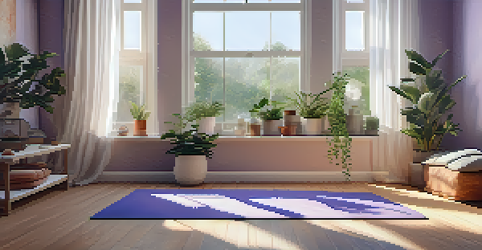 A tranquil yoga space with soft lighting, plants, and a yoga mat, creating a calming atmosphere.