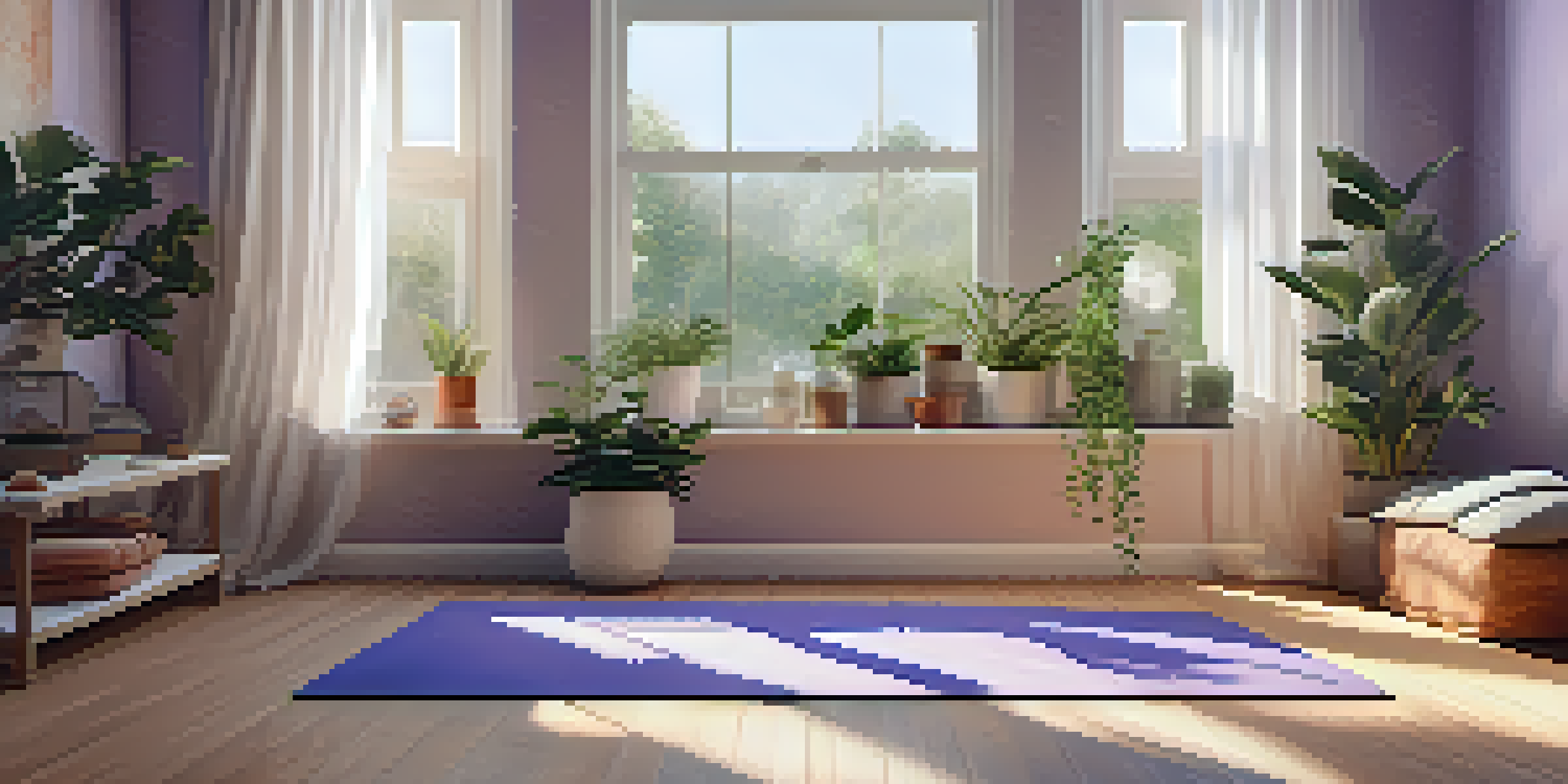 A tranquil yoga space with soft lighting, plants, and a yoga mat, creating a calming atmosphere.