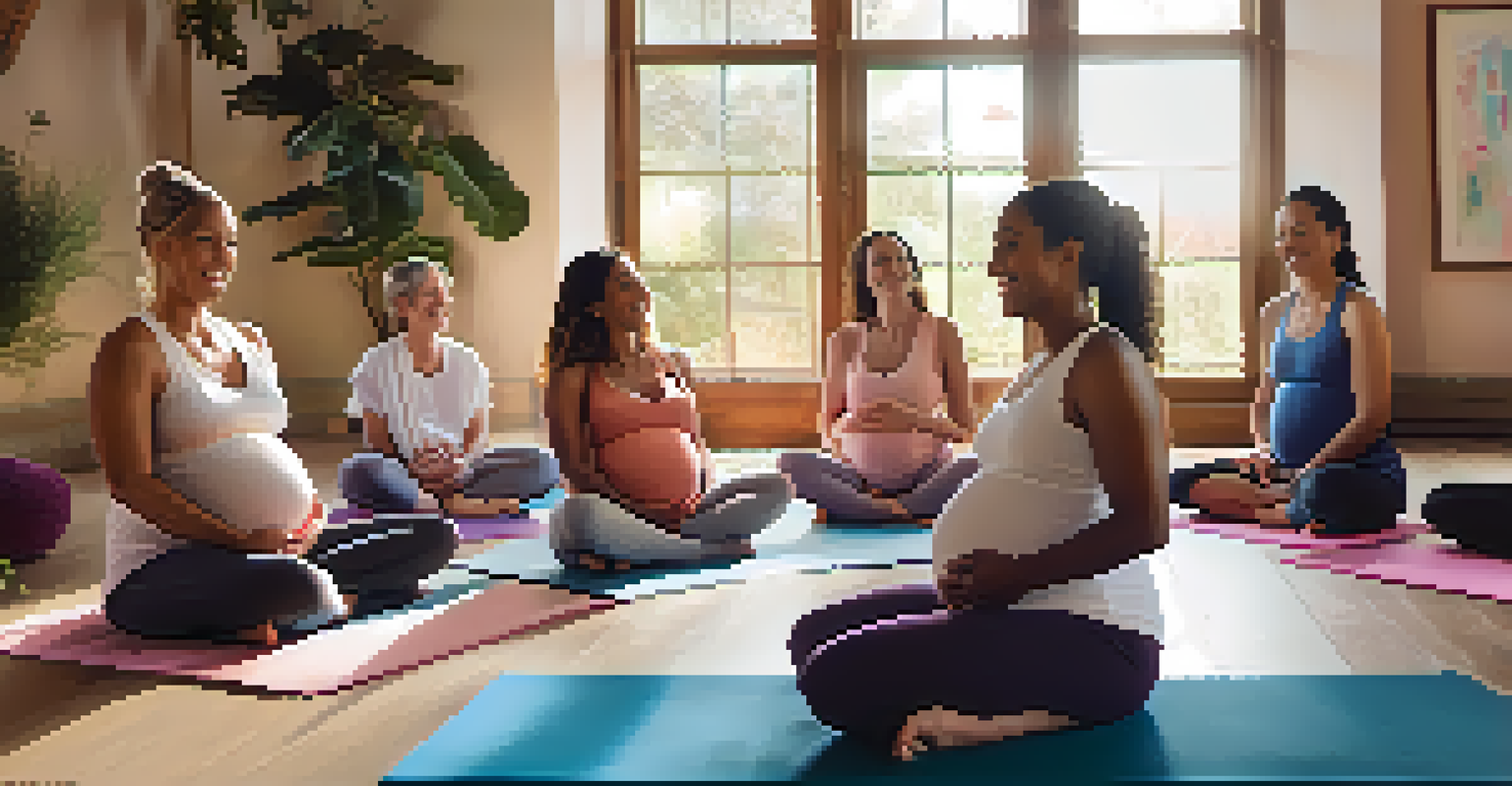 A group of pregnant women sharing experiences in a supportive setting after a prenatal yoga class, sitting in a circle on yoga mats.