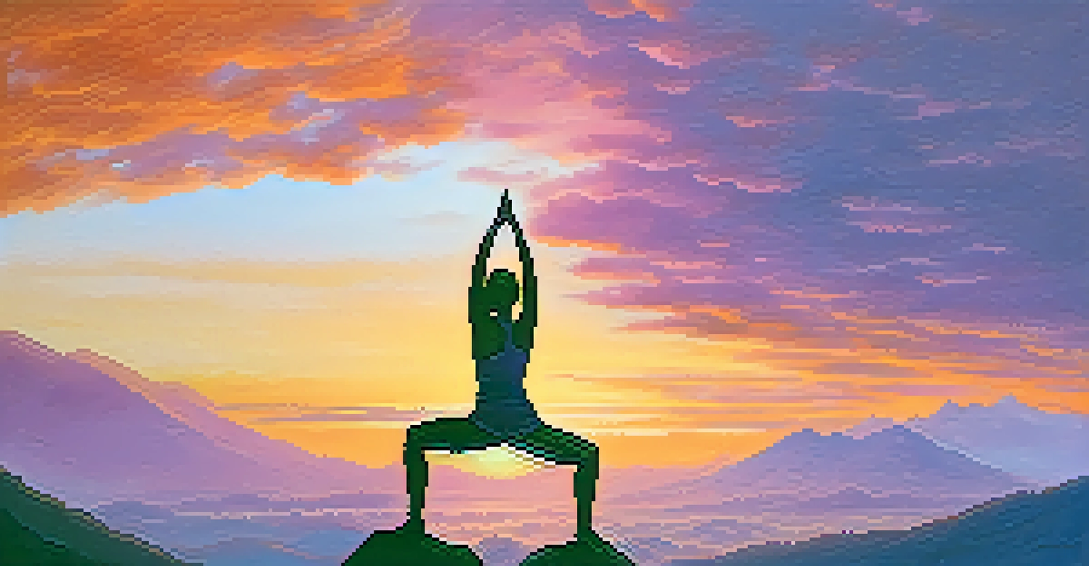 A person confidently performing a Warrior I pose on a mountaintop at sunrise, with a colorful sky in the background.