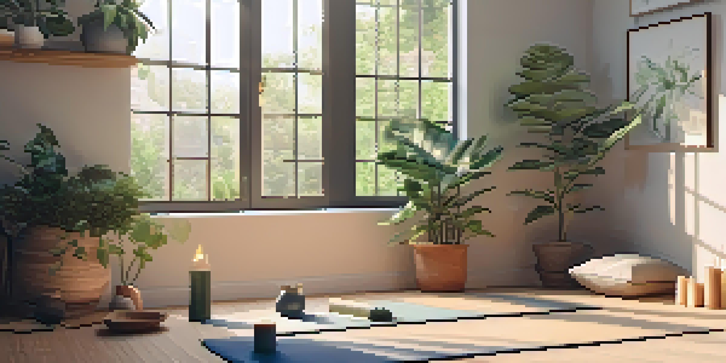 A serene home yoga space with a yoga mat, plants, candles, and natural light.