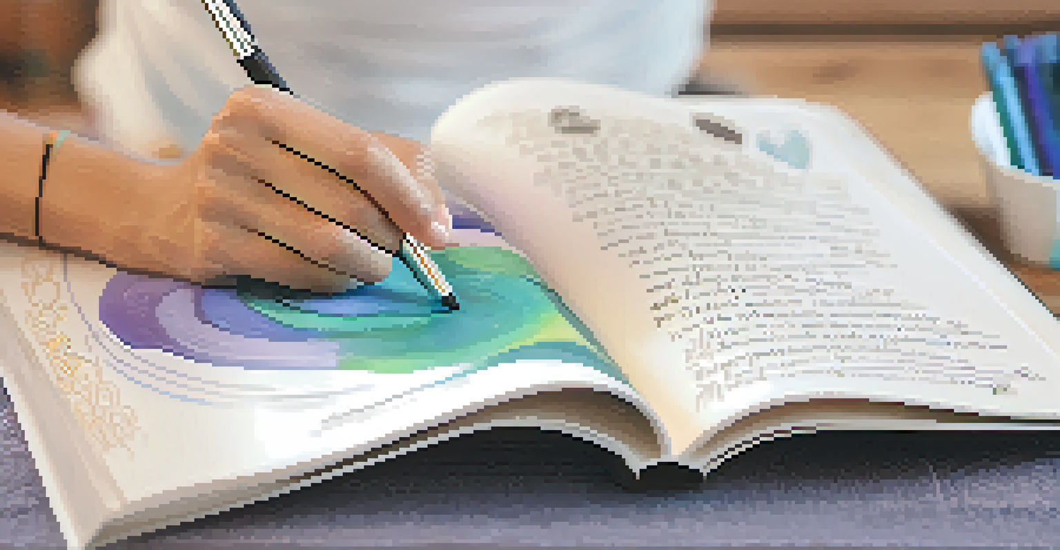 A close-up of a hand writing in a yoga journal, with illustrations and a blurred yoga class in the background.