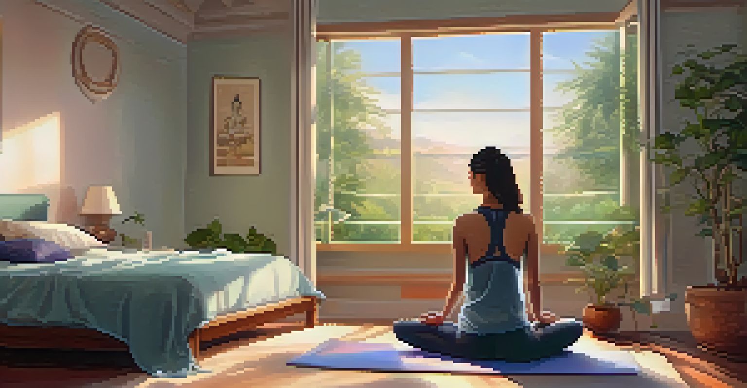 A person doing yoga in a softly lit bedroom, with a view of a peaceful garden through the window.