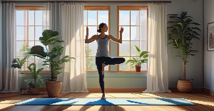 A beginner practicing Mountain Pose in a sunlit room with potted plants and wooden flooring.