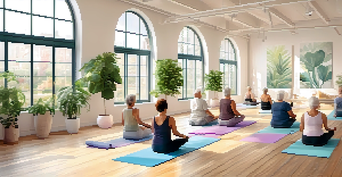 A group of seniors practicing yoga in a bright studio, performing gentle poses like Seated Forward Bend.