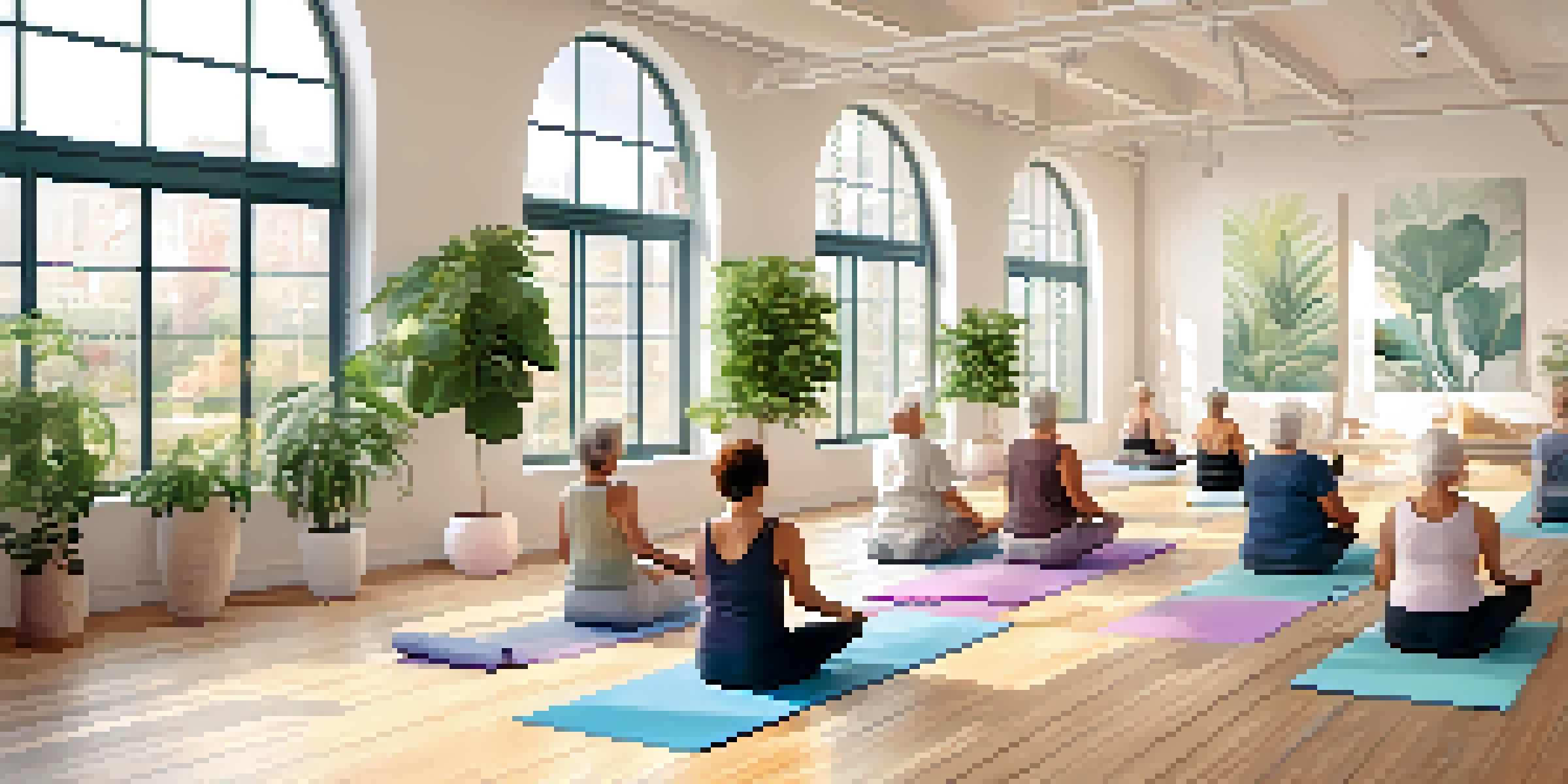A group of seniors practicing yoga in a bright studio, performing gentle poses like Seated Forward Bend.