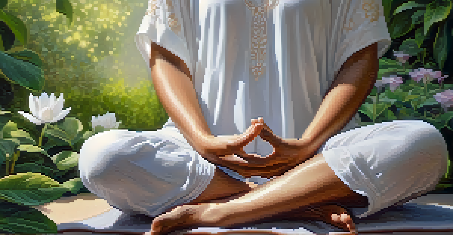 Close-up of a person's hands in a mudra position during meditation, with a blurred garden background.