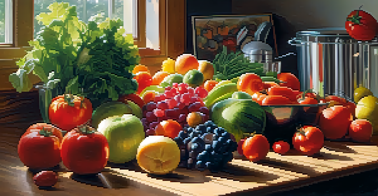 A kitchen table filled with fresh fruits and vegetables, illuminated by sunlight, with a blender and cutting board nearby.