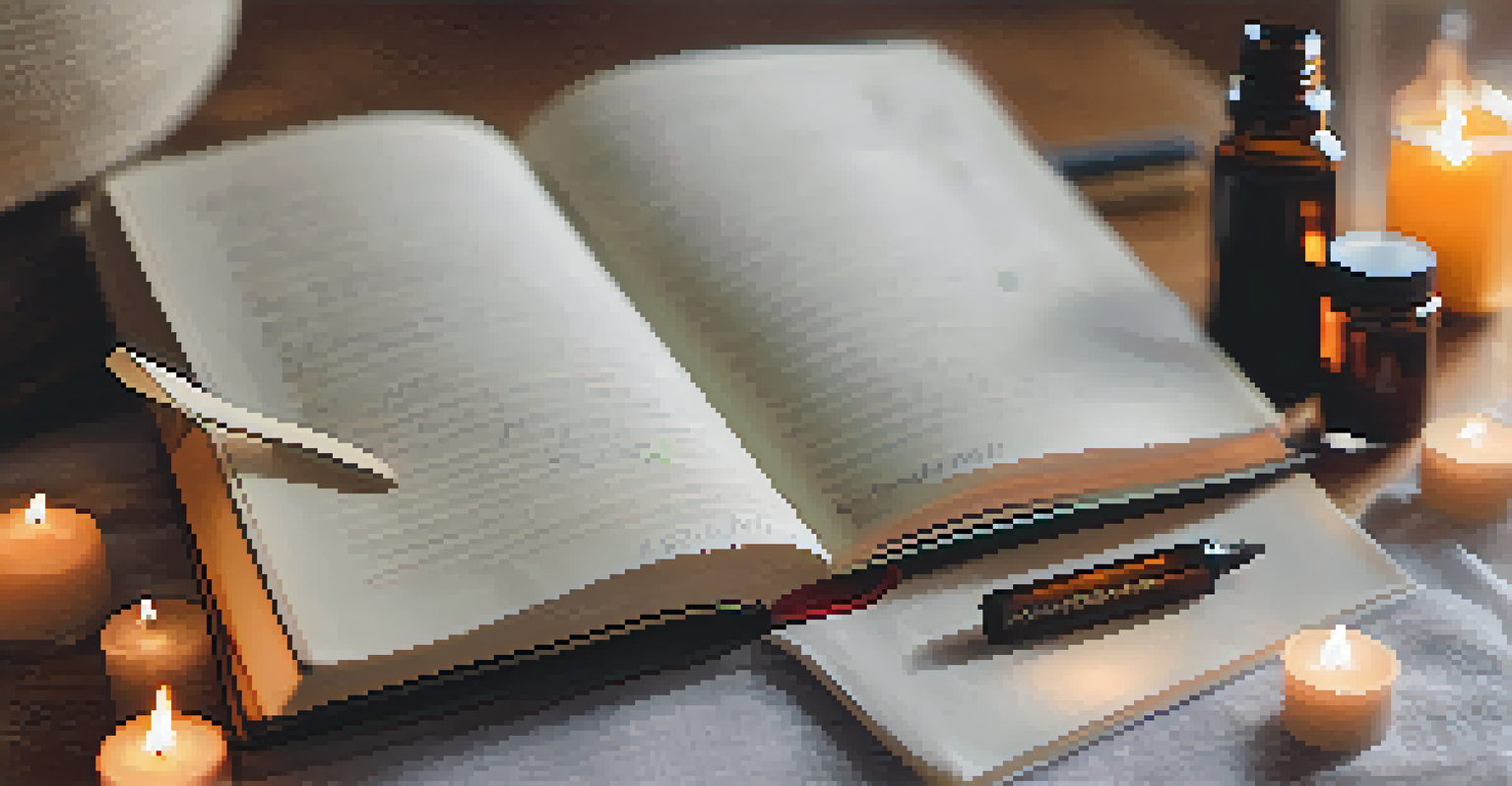 An open journal with reflections and intentions on a yoga mat surrounded by candles and essential oils.