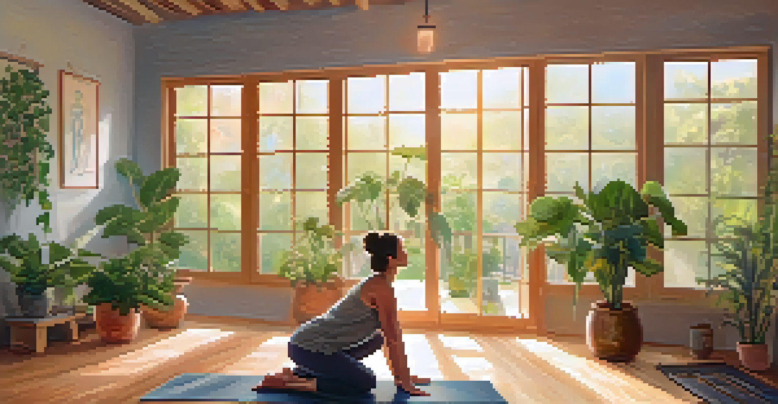 A person practicing yoga in a peaceful studio filled with plants and natural light.