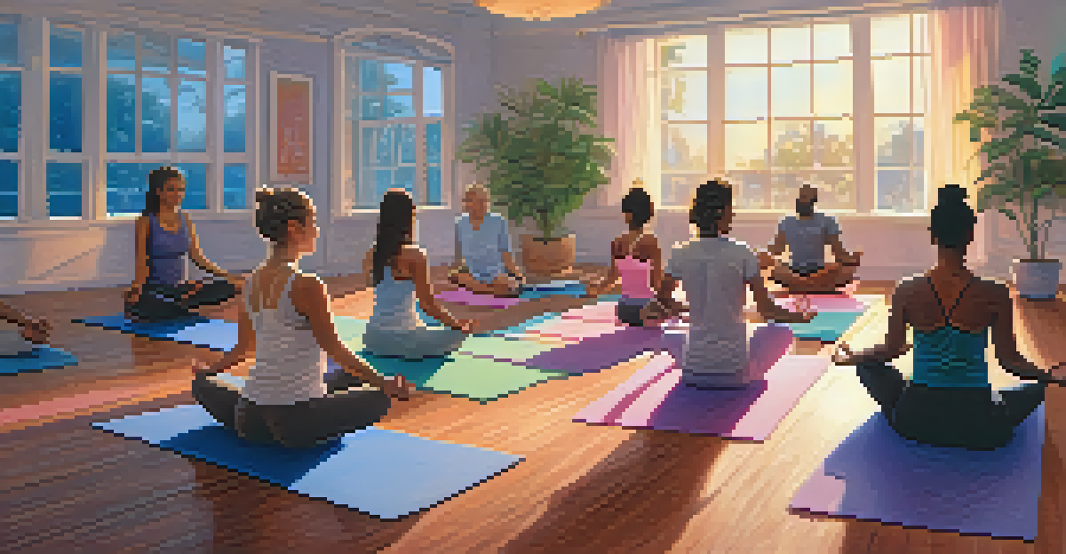 A diverse group of people practicing yoga together in a cozy, warmly lit room.