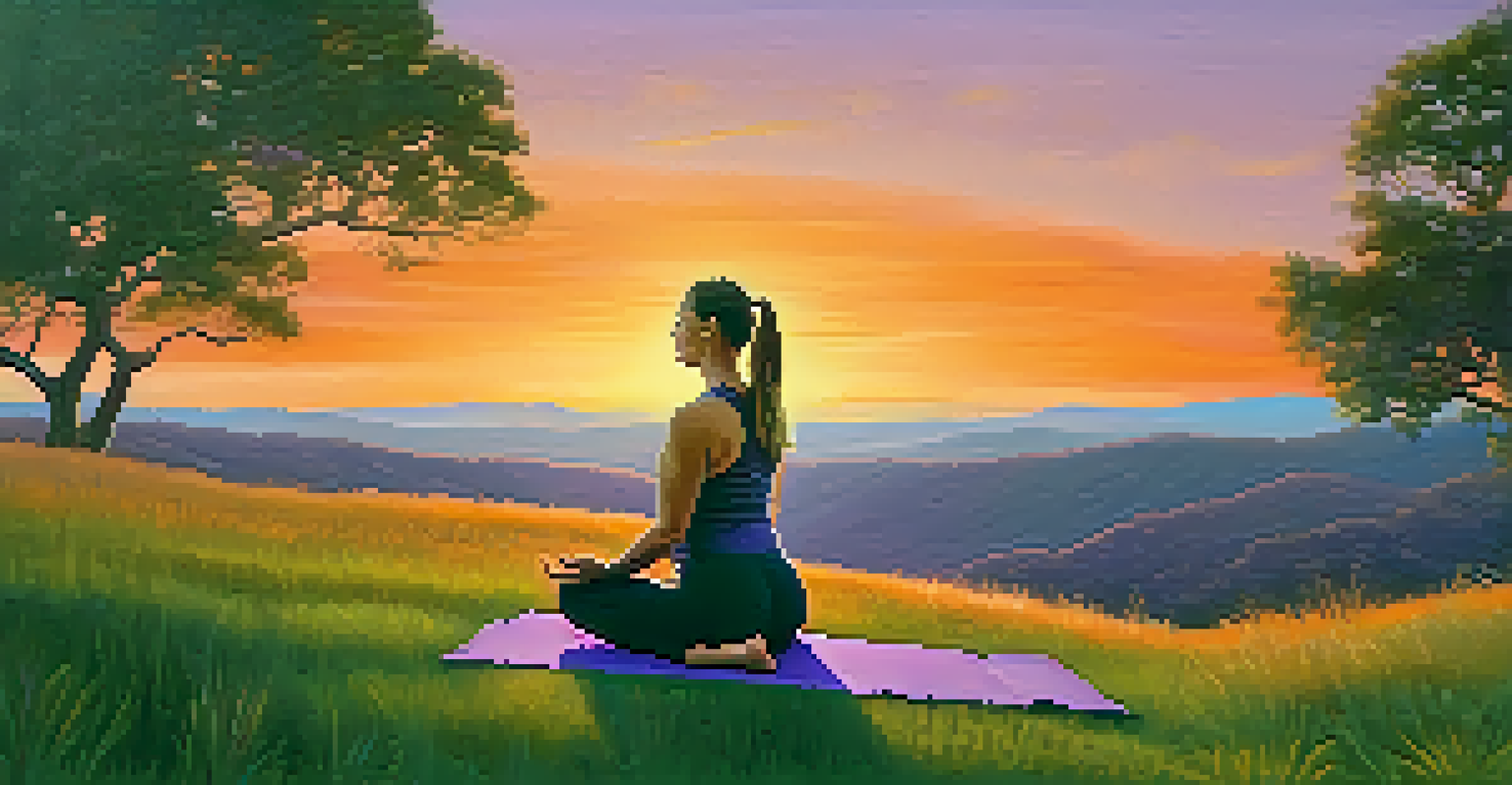A person practicing yoga in a warrior pose on a hill at sunset, with a colorful sky in the background.