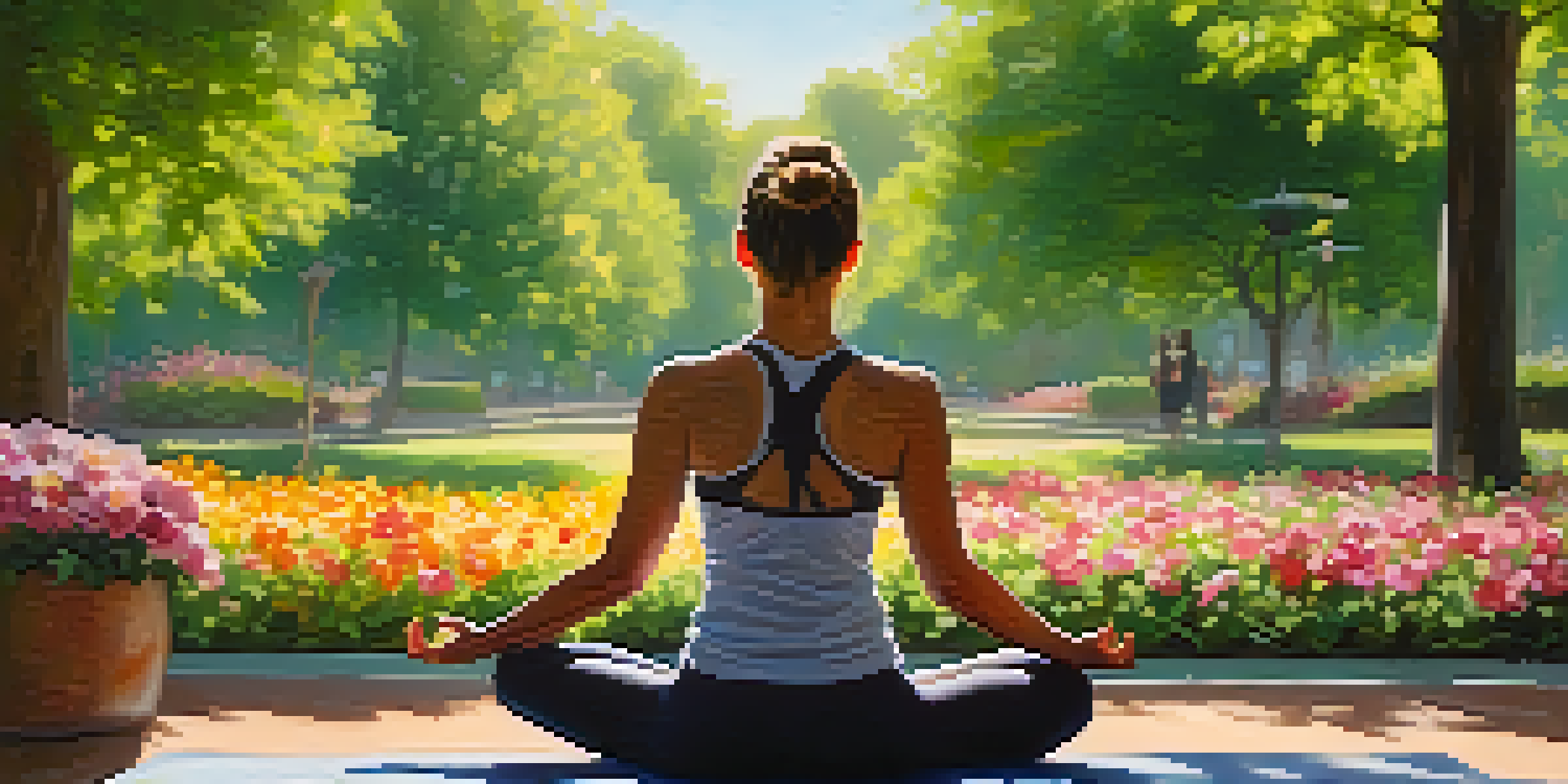 A person doing yoga in a sunny park surrounded by trees and flowers, performing a seated forward bend on a yoga mat.