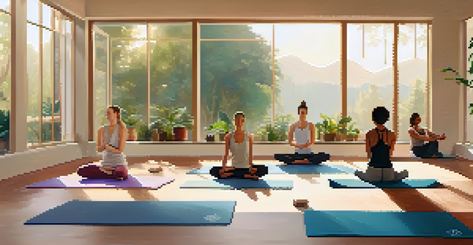 A group of diverse individuals practicing yoga in a sunlit studio, surrounded by plants, creating a peaceful and inviting atmosphere.
