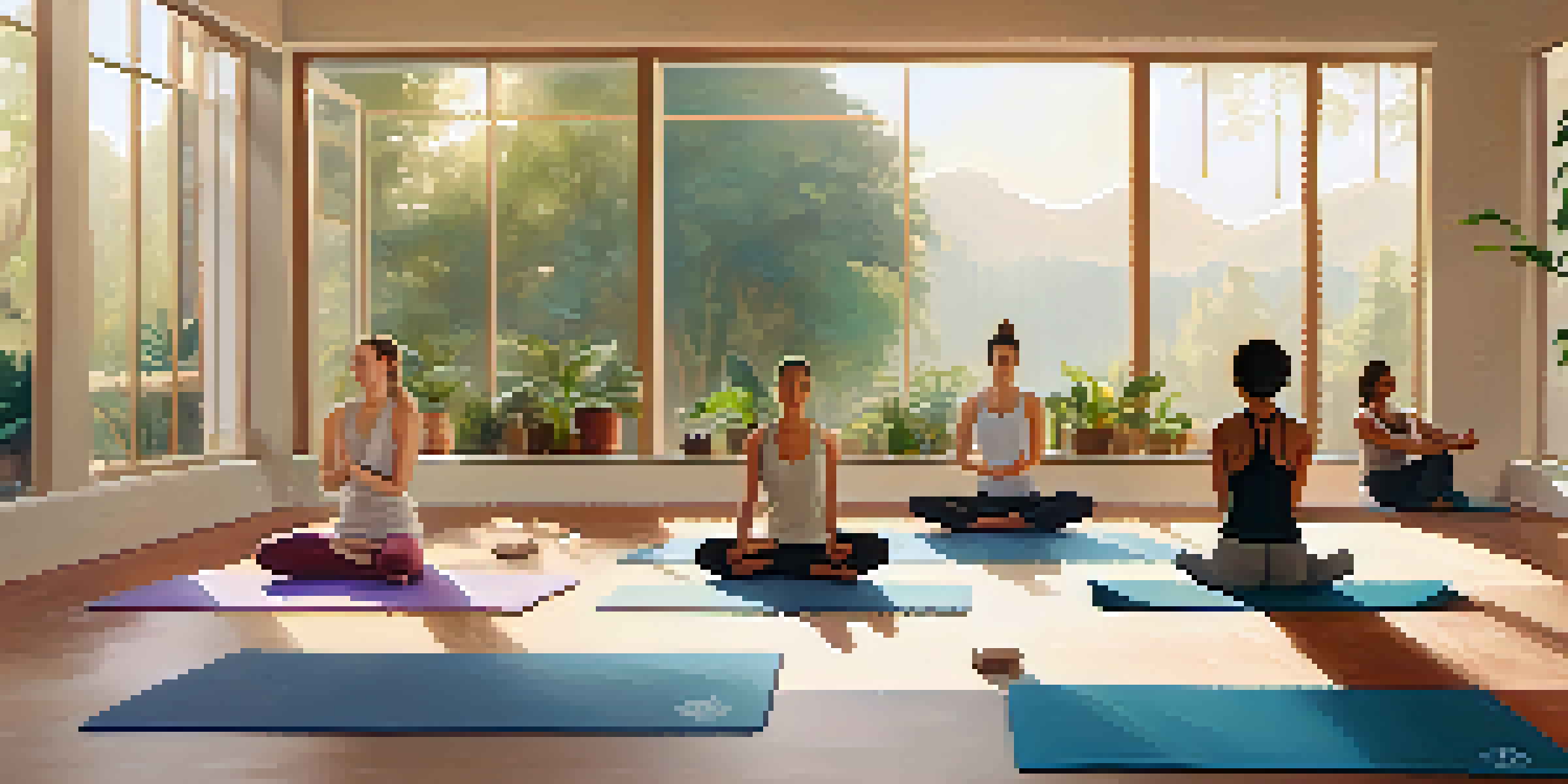 A group of diverse individuals practicing yoga in a sunlit studio, surrounded by plants, creating a peaceful and inviting atmosphere.