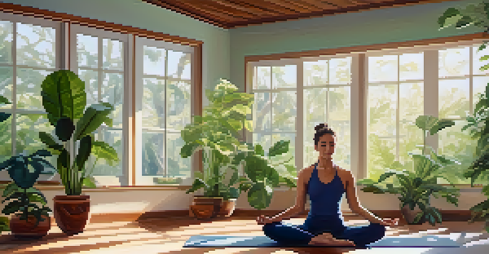 A person practicing Marichyasana in a tranquil yoga studio filled with indoor plants and soft natural light.