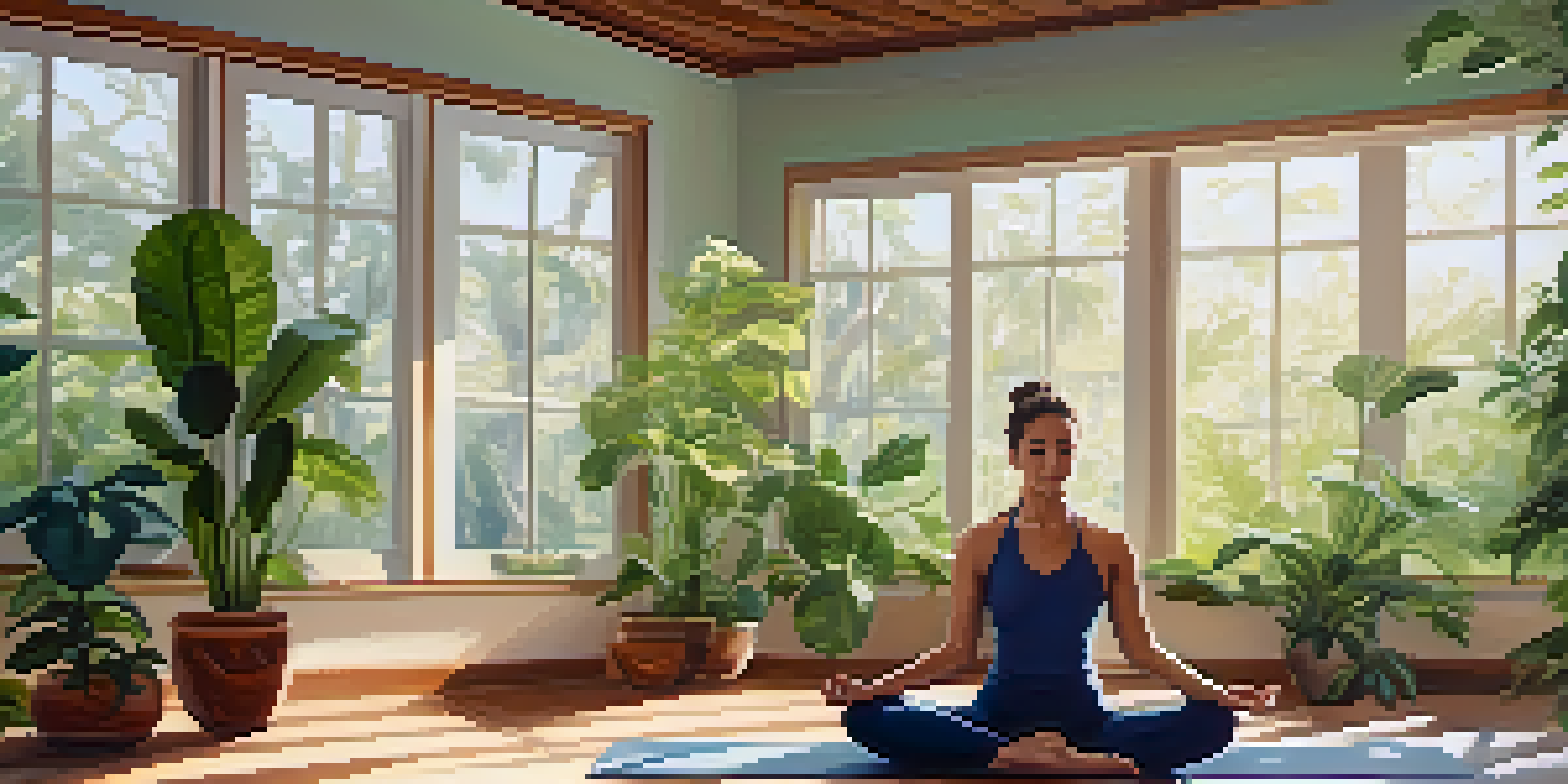 A person practicing Marichyasana in a tranquil yoga studio filled with indoor plants and soft natural light.