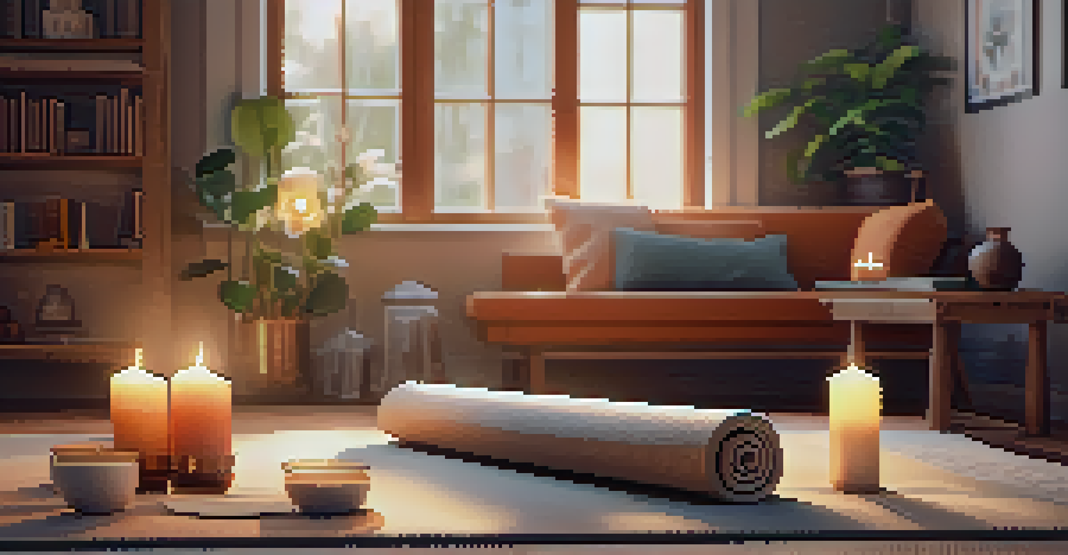 A cozy yoga corner in a home with a rolled yoga mat, cushions, candles, and books on mindfulness.