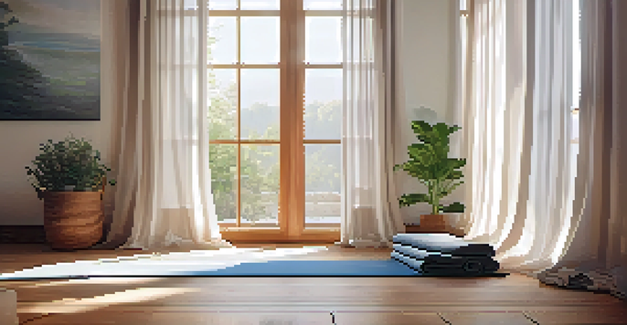 A peaceful yoga space with natural light, a yoga mat, candles, and plants, creating a tranquil atmosphere.