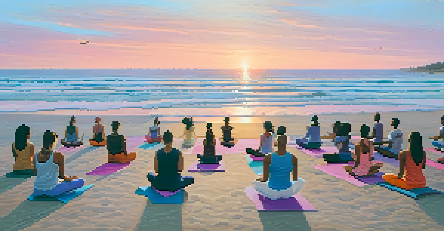 A diverse group of people practicing yoga on a beach at dawn with a colorful sky.